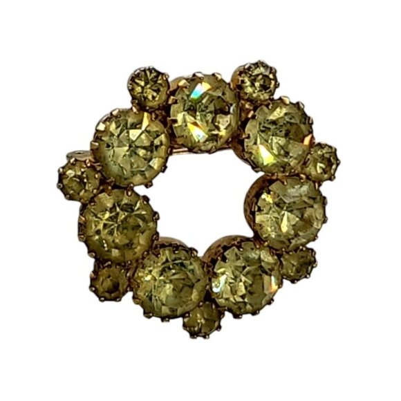 Paste Wreath Brooch Pin Yellow Round Prong Set Rhinestones Gold Tone Setting - Picture 10 of 13